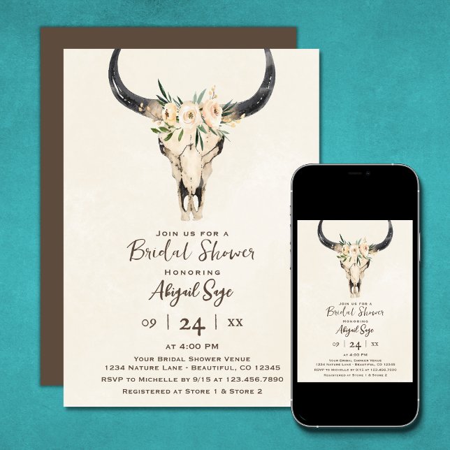 Invitation Boho Floral Vache Crâne Brown Crème Fête des marié (Créateur téléchargé)