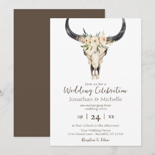 Invitation Boho Floral Vache Crâne Brown et blanc Mariage
