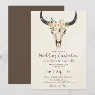 Invitation Boho Floral Vache Crâne Brown et Mariage de crème