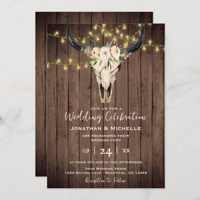 Invitation Boho Floral Vache crâne et lumières sur le Mariage (Devant / Derrière)