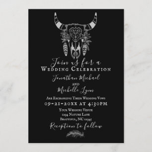 Invitation Boho Floral Vache Crâne noir et blanc Mariage