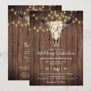 Invitation Boho Floral Vache crâne sur bois tout en un Mariag