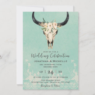 Invitation Boho Floral Vache crâne sur Mariage Turquoise