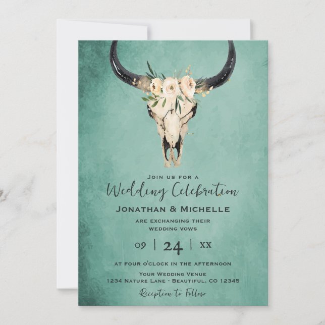 Invitation Boho Floral Vache crâne sur Mariage Turquoise (Devant)