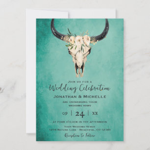 Invitation Boho Floral Vache crâne sur Mariage Turquoise