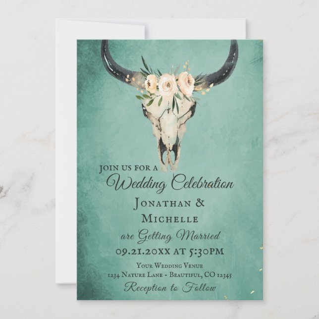 Invitation Boho Floral Vache crâne sur Mariage Turquoise (Devant)