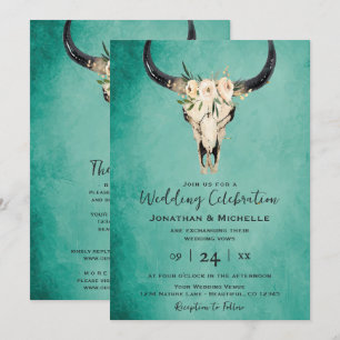 Invitation Boho Floral Vache Crâne Turquoise tout en un Maria