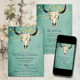 Invitation Boho Floral Vache Crâne Turquoise tout en un Maria