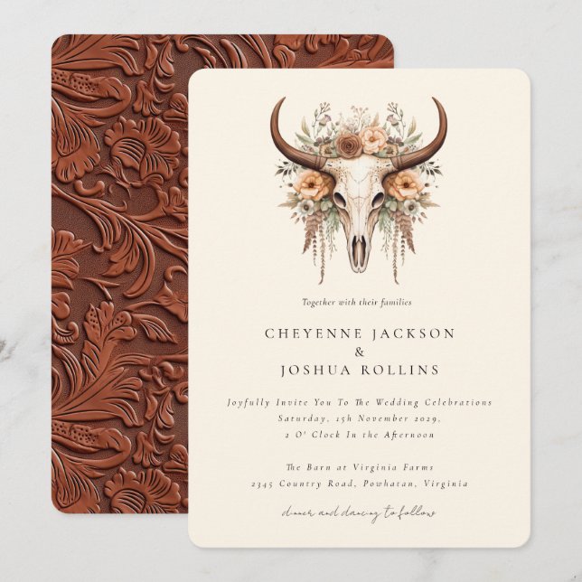 Invitation Boho Floral Vache Crâne Western Mariage (Devant / Derrière)