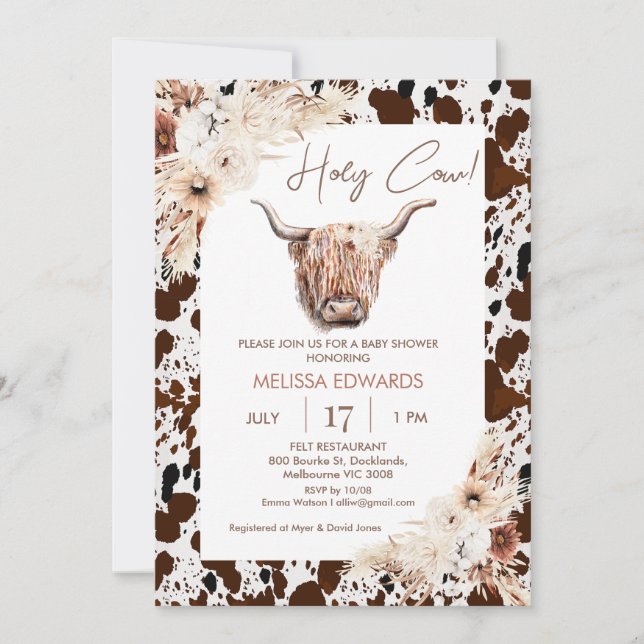 Invitation Boho Floral Vache Vache Brown Vache Imprimer Baby  (Devant)