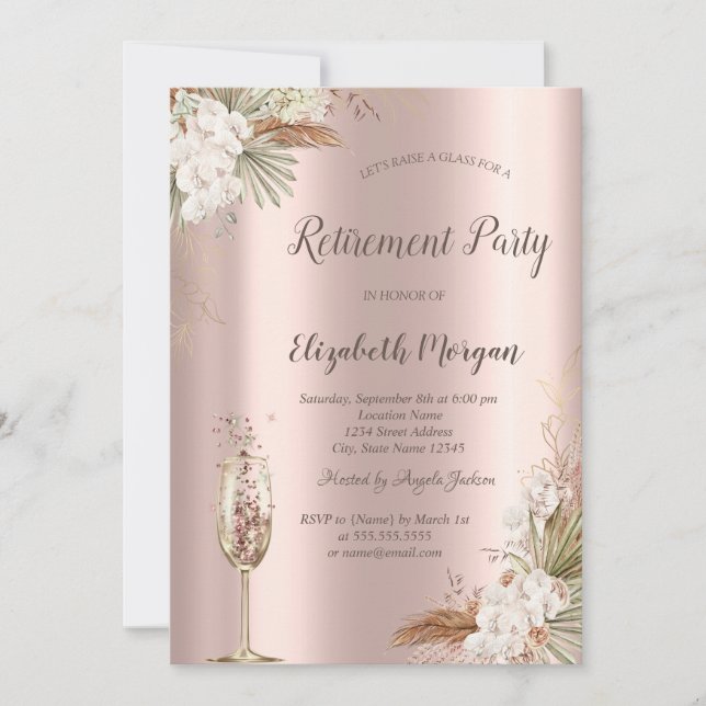 Invitation Boho Floral, Verre de Champagne, Retraite d'or Ros (Devant)