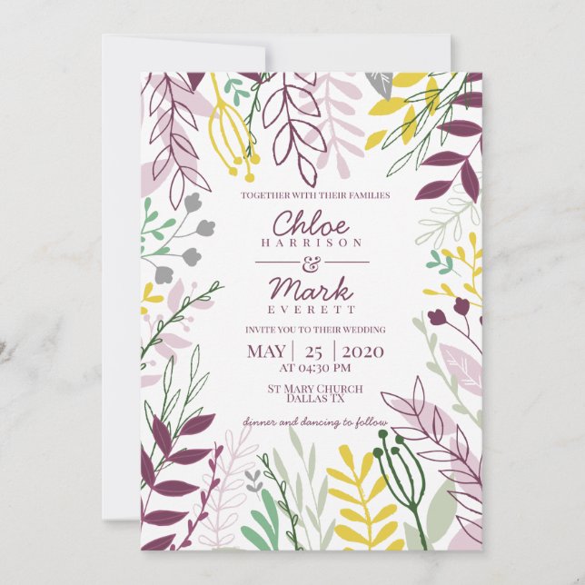 Invitation Boho Floral violet jaune Mariage d'été (Devant)