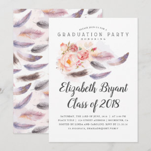 Invitation Boho Floral Watercolor Feathers Graduation Party