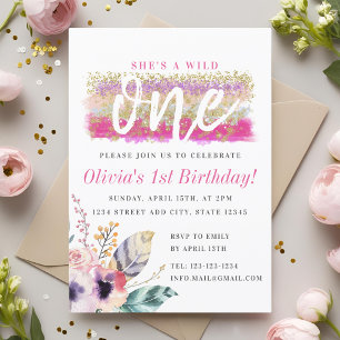Invitation Boho Floral Wild One Fille Premier Anniversaire