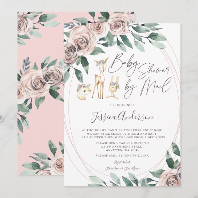 Invitation Boho Floral Woodland Animaux Baby shower par la po (Devant / Derrière)