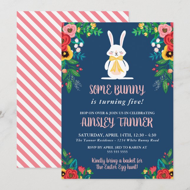 Invitation Boho Florals & Bunny | Anniversaire de enfant colo (Devant / Derrière)