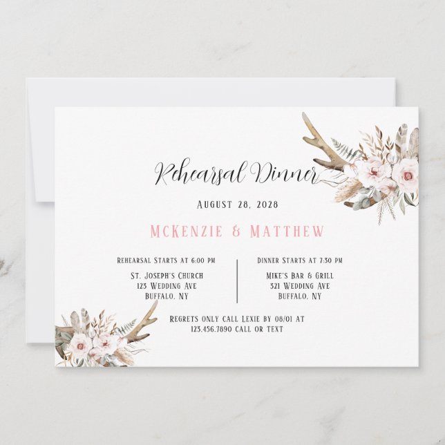 Invitation Boho Florals With Deer Antlers Dîner De Répétition (Devant)