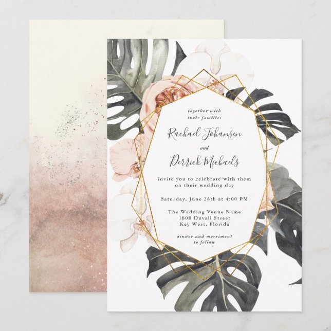 Invitation Boho Flore tropicale avec Mariage de cadre géométr (Devant / Derrière)