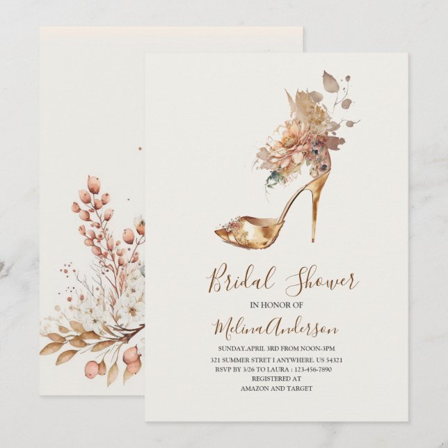 Invitation Boho Flower Golden Talon aquarelle douche nuptiale (Devant / Derrière)