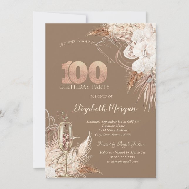 Invitation Boho Flowers,Champagne Glass,Terracotta 100th (Devant)