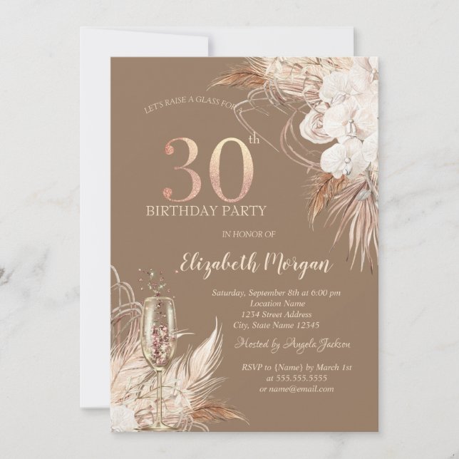 Invitation Boho Flowers,Champagne Glass,Terracotta 30th (Devant)