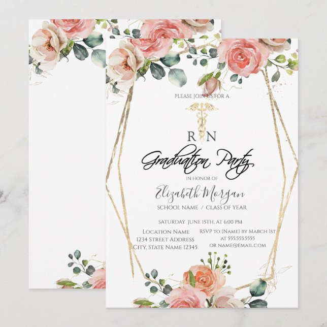 Invitation Boho Flowers Gold Frame RN Nurse Graduation Party (Devant / Derrière)