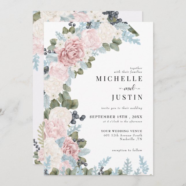 Invitation Boho Flowers Mariage d'hiver (Devant / Derrière)