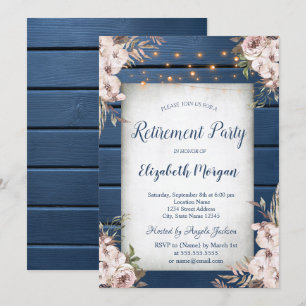 Invitation Boho Flowers Marine Bleu Bois Retraite