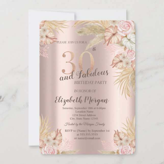 Invitation Boho Flowers, Pampas Grass Rose Gold 30e anniversa (Devant)