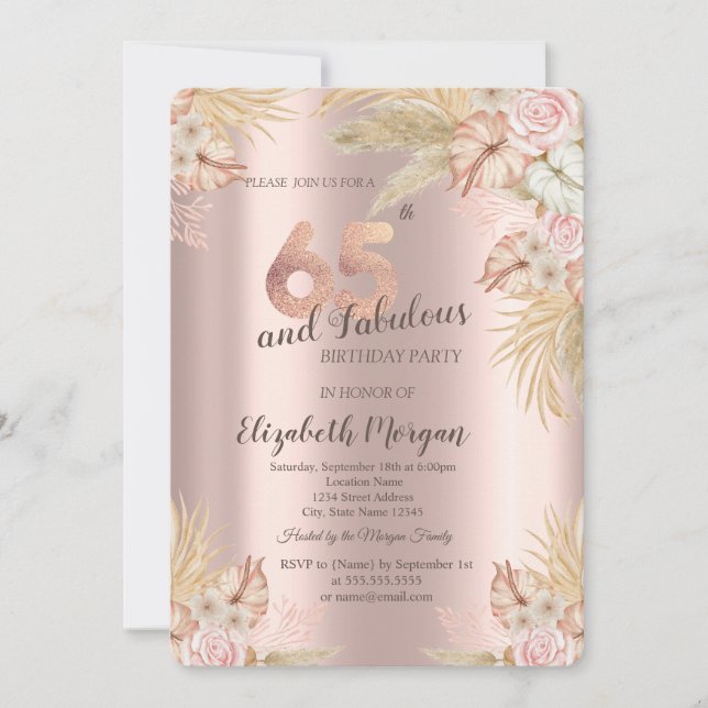 Invitation Boho Flowers, Pampas Grass Rose Gold 65e anniversa (Devant)