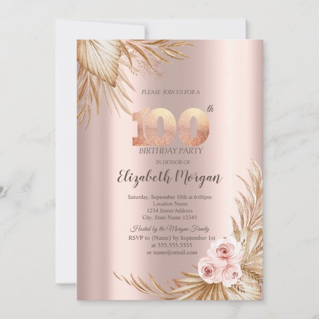 Invitation Boho Flowers Pampas Rose Gold 100e anniversaire (Devant)