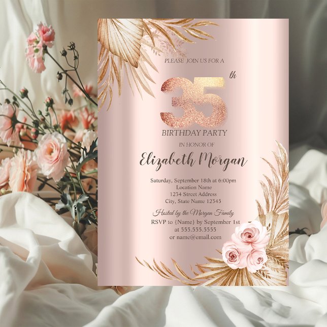 Invitation Boho Flowers Pampas Rose Gold 35e anniversaire (Créateur téléchargé)