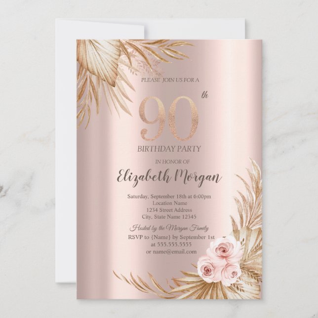 Invitation Boho Flowers Pampas Rose Gold 90e anniversaire (Devant)