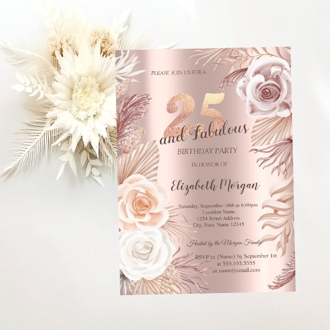 Invitation Boho Flowers Rose Gold 25e fête d'anniversaire (Créateur téléchargé)