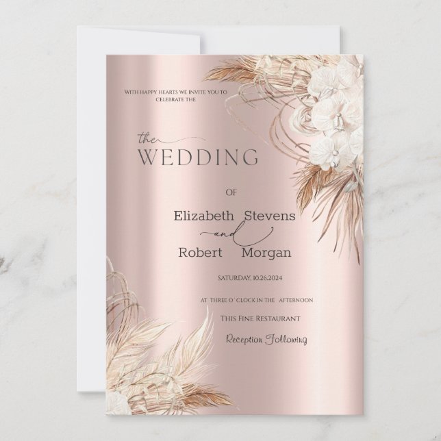Invitation Boho Flowers Rose Mariage or (Devant)