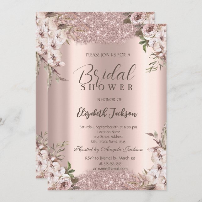 Invitation Boho Flowers Shiny Frame Rose Fête des mariées or (Devant / Derrière)