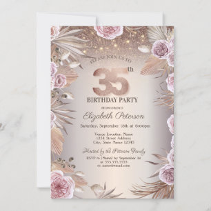 Invitation Boho Flowers, String Lights Bokeh 35e anniversaire