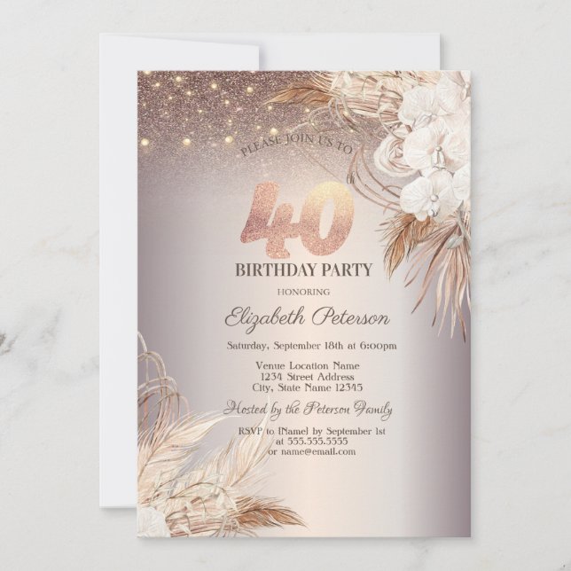 Invitation Boho Flowers, String Lights Parties scintillant 40 (Devant)