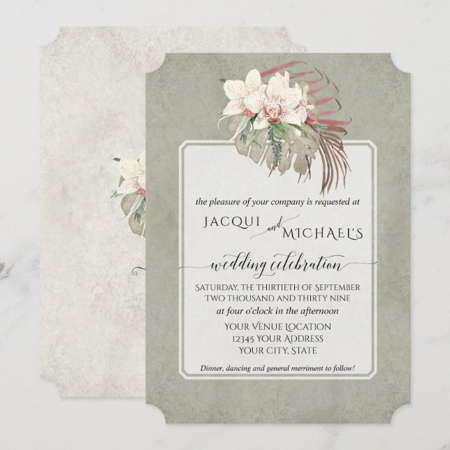 Invitation BOHO Foliage Sage Vert Orchidée Blanche Florale Ju (Devant / Derrière)