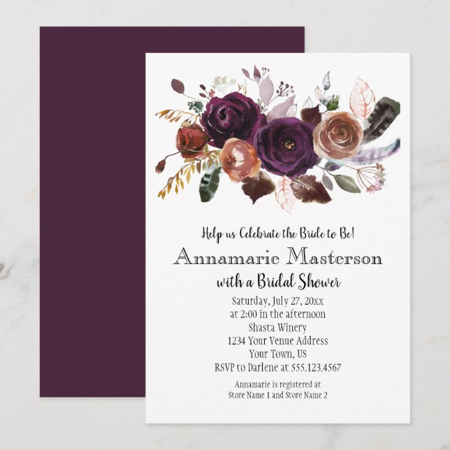 Invitation Boho foncé pourpre rouille Fête des mariées floral (Devant / Derrière)