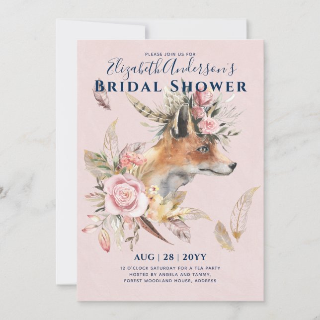 Invitation Boho FOX Fête des mariées Plumes de bois Floral (Devant)