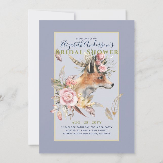 Invitation Boho FOX Fête des mariées Plumes de bois Floral (Devant)