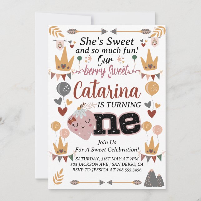 Invitation Boho fraise 1er Anniversaire, Berry Sweet ÉDITABLE (Devant)