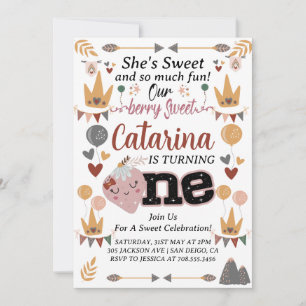 Invitation Boho fraise 1er Anniversaire, Berry Sweet ÉDITABLE