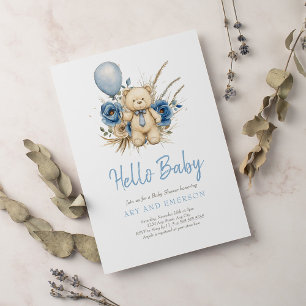 Invitation Boho Garçon Ours en Peluche Bleu Ours à Peine Atte
