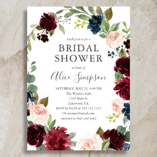 Invitation Boho Garden Bourgogne Blue Floral Fête des mariées