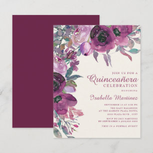 Invitation Boho Garden lilas violet floral script Quinceañera