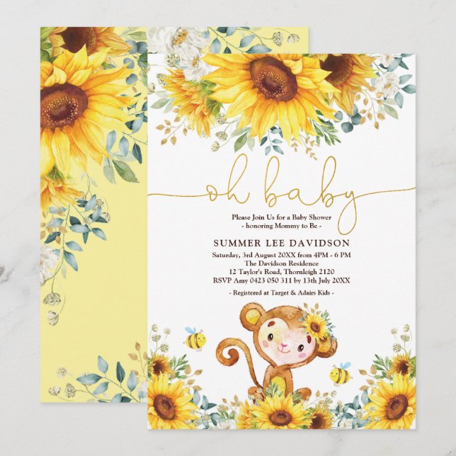Invitation Boho Garden Sunflowers Jungle Monkey Baby shower (Devant / Derrière)