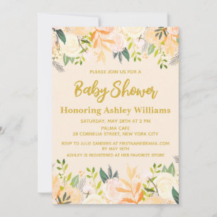 Invitation Boho Genre Neutre Baby shower ivoire Or Floral