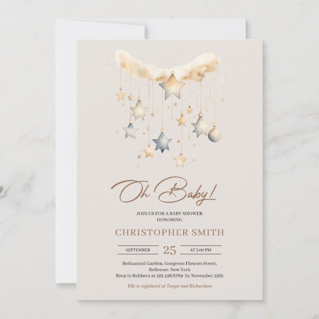 Invitation Boho genre neutre cuivre rouillé bébé jouets étoil (Devant)